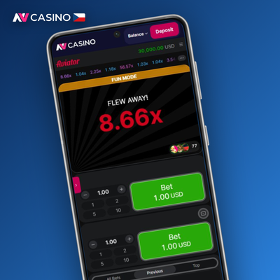 Dva nezávislé sázkové panely funkce dvojité sázky v Aviator NV Casino