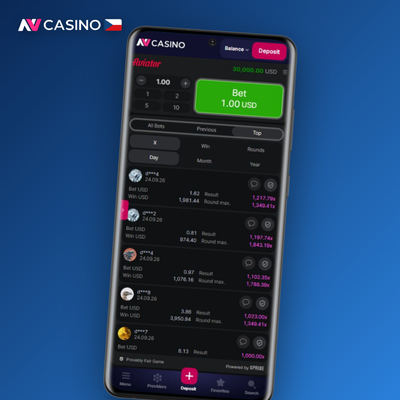Barevný přehled multiplikátorů z minulých kol hry Aviator v NV Casino